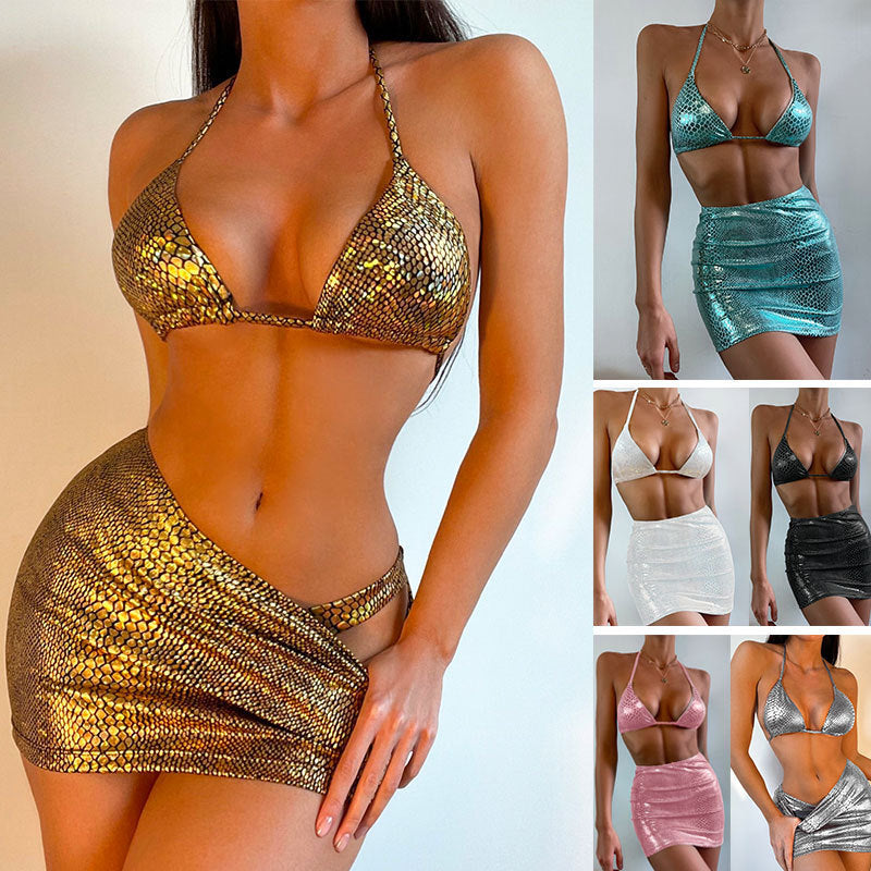 Maillot de bain 3 Pièce — Set Viper Luxe — Bikini Imprimé Snake & Paréo 🐍