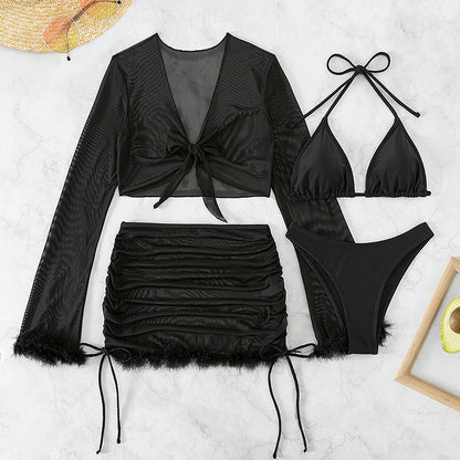 Maillot de bain 4 Pièces — Set Dark Wave — Bikini & Paréo-Top Manches Longues 🖤